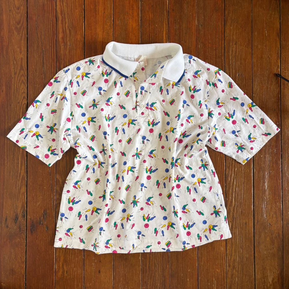 Vintage Haband‎ Bowling Print Cropped Polo Shirt Women's Size Large